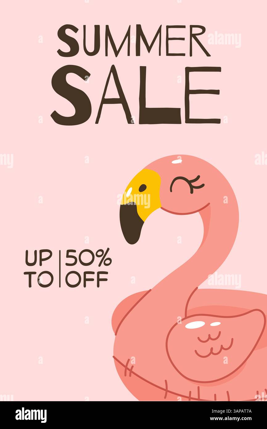Bannière lumineuse de vente d'été avec flamant rose gonflable de bande dessinée et texte promotionnel audacieux, idéal pour le marketing saisonnier ou les annonces. Illustration de Vecteur