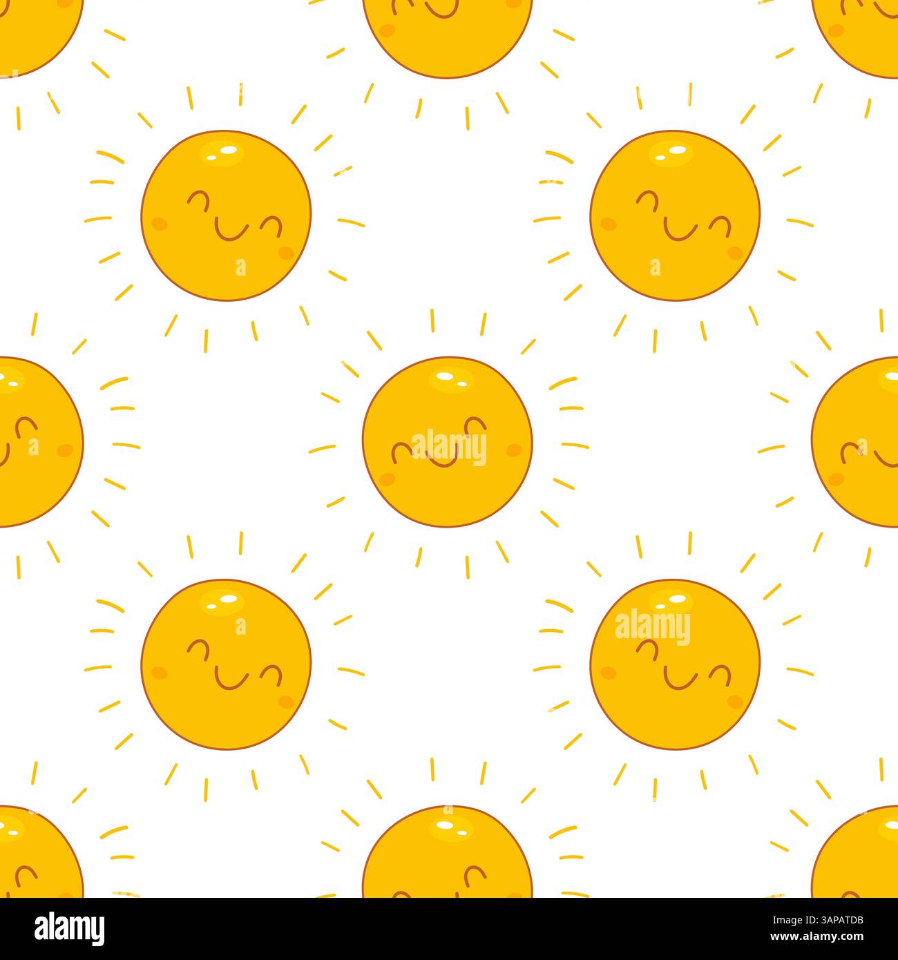 Motif joyeux sans couture avec de mignons visages jaunes du soleil avec des sourires, parfait pour les conceptions ou les arrière-plans d été des enfants. Illustration de Vecteur
