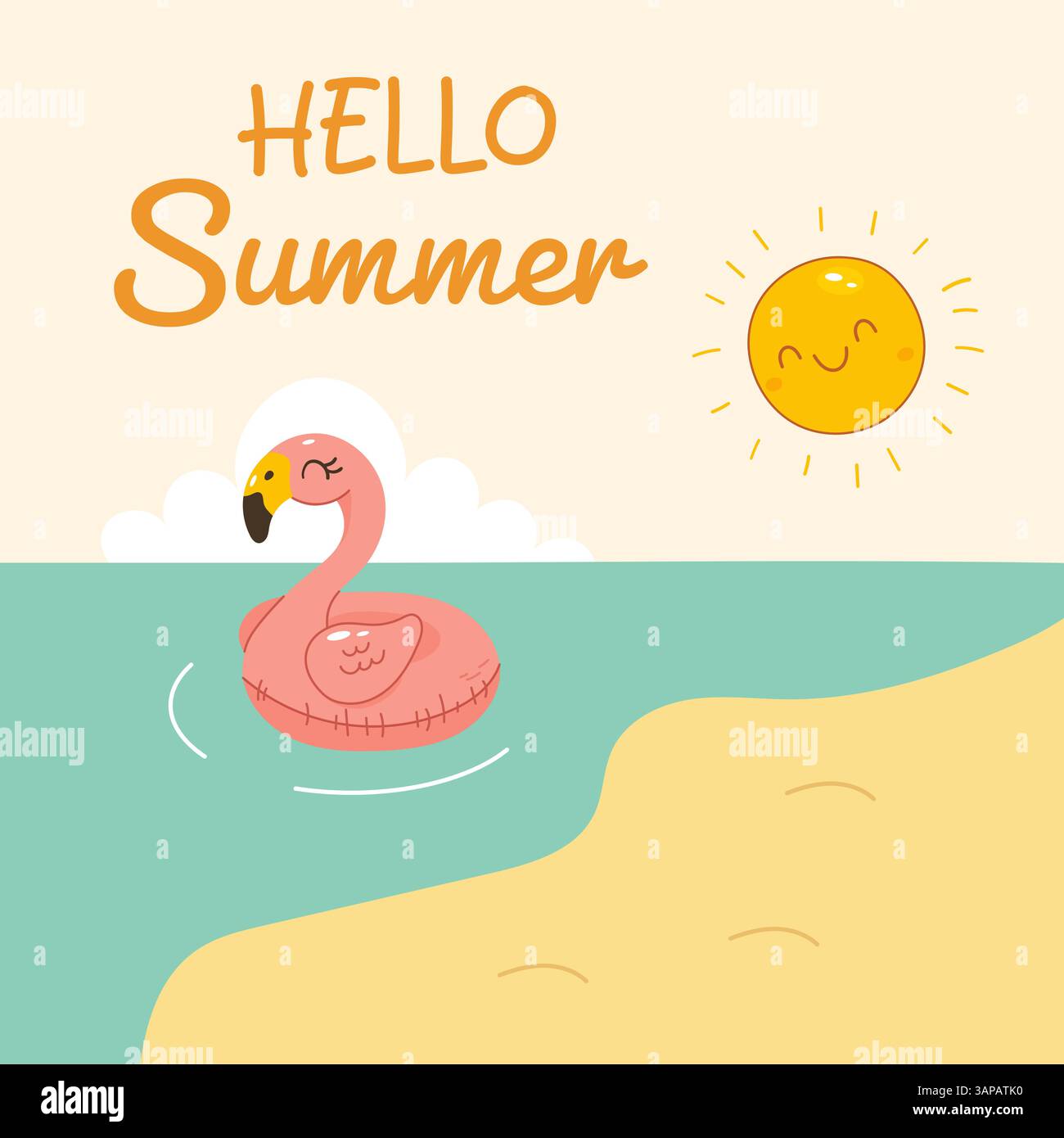 Illustration de dessin animé de flamant gonflable flottant dans la mer, avec soleil souriant et texte Hello Summer sur fond pastel. Illustration de Vecteur