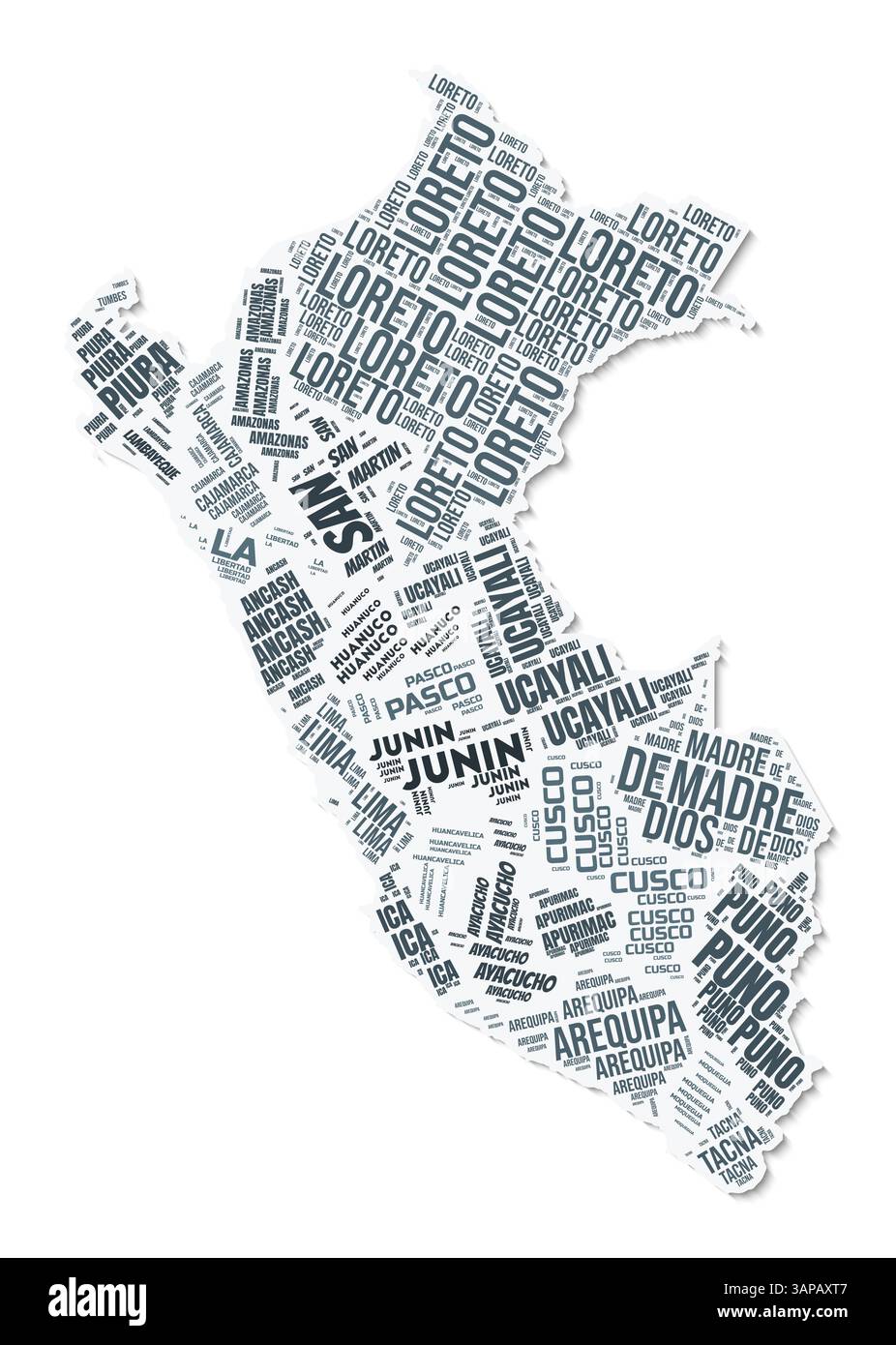 Nuage de texte de forme Pérou. Frontière de pays avec ombre sur fond blanc. Pérou avec division des régions dans le style vintage gazette. Illustration de Vecteur