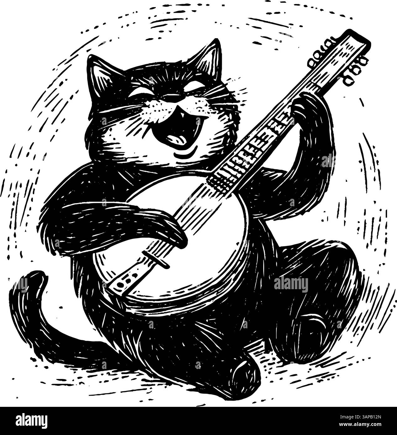 Cette illustration vintage gravée sur bois représente un chat noir assis calmement dans une pose méditative avec les yeux fermés. Il dégage un sentiment de tranquillité et de paix Illustration de Vecteur