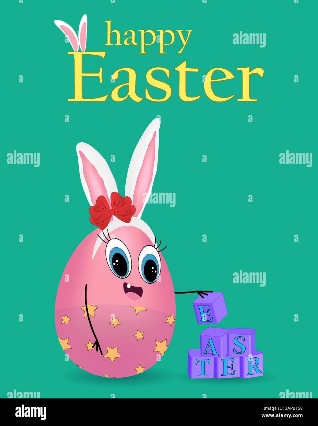 Carte de voeux avec des éléments 3D mettant en vedette une fille d'oeuf rose anthropomorphe habillée d'oreilles de lapin de Pâques jouant avec des cubes de bébé alphabet sur une turquoise Illustration de Vecteur