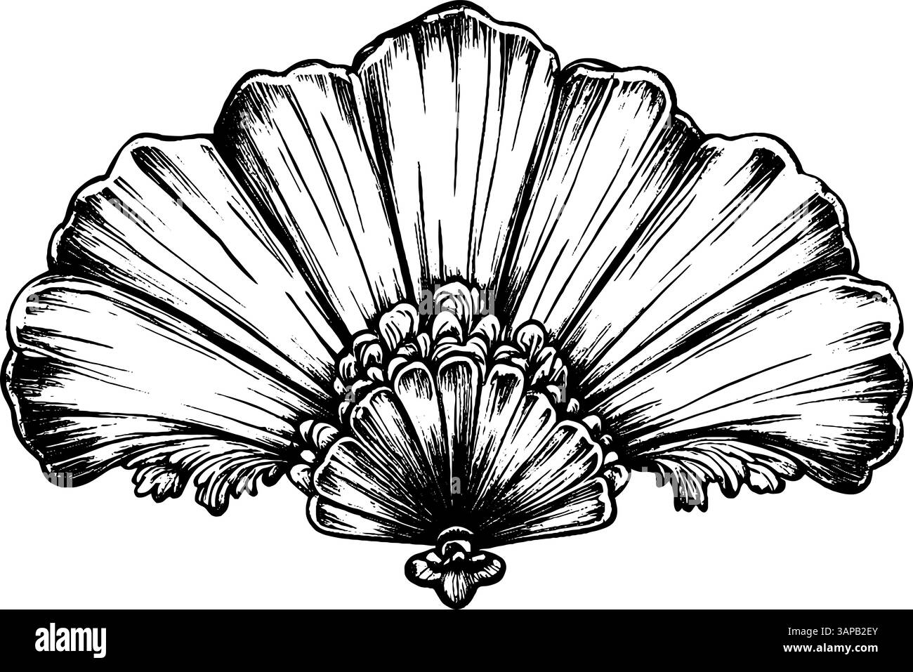 L'illustration sophistiquée de gravure sur bois vintage présente un ventilateur décoratif avec des bords festonnés élégants et des motifs floraux détaillés au centre Illustration de Vecteur