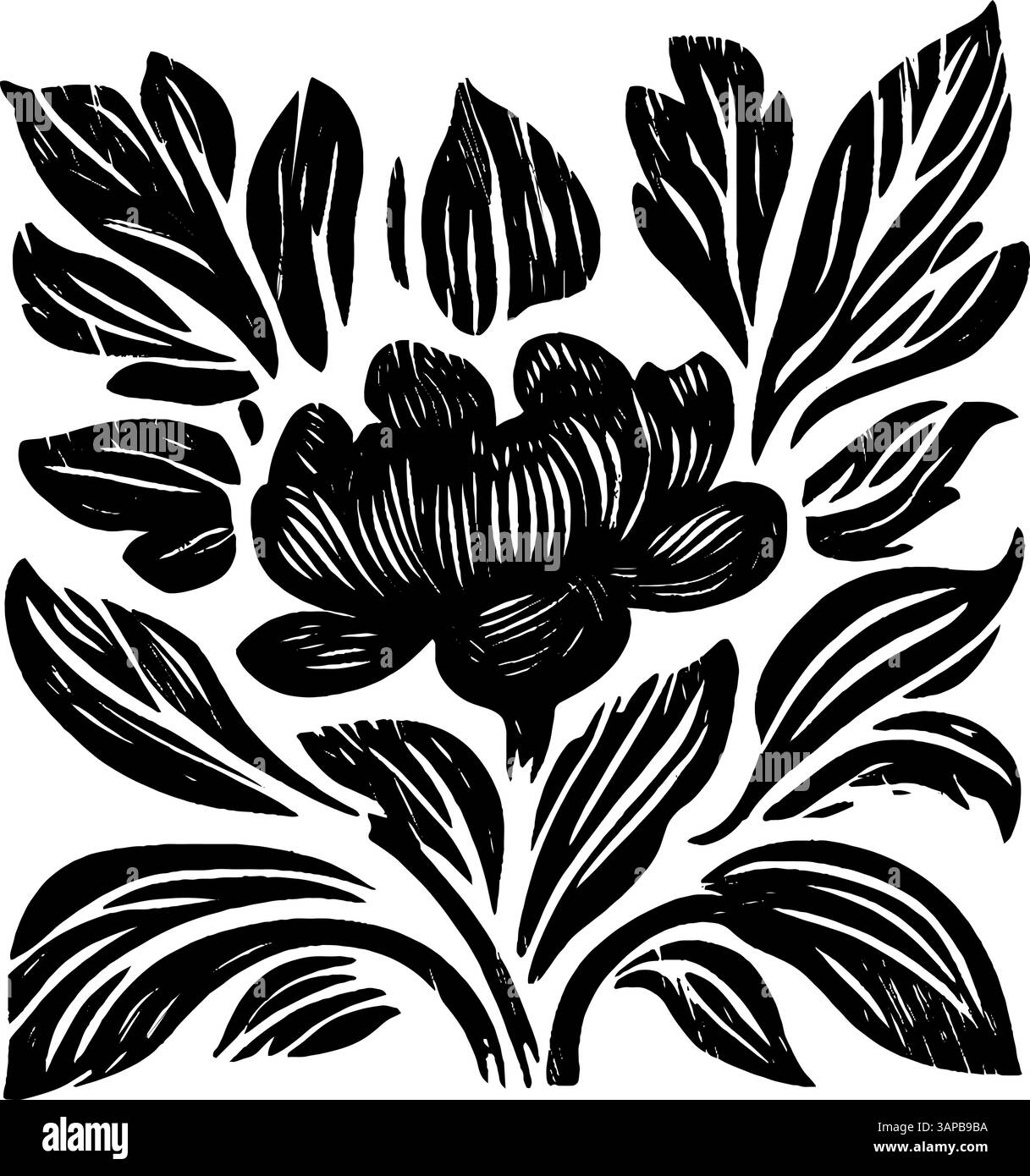 Cette illustration vintage gravée sur bois présente une fleur finement sculptée en son centre, ornée d'une verdure abondante Illustration de Vecteur