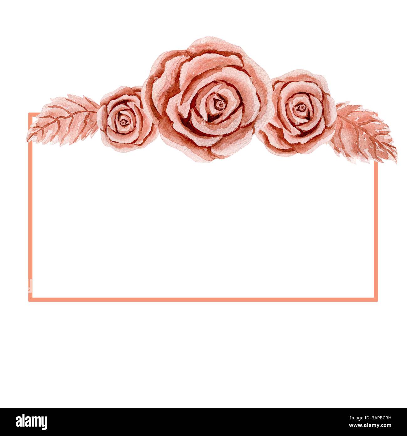 Carte rectangulaire avec composition de tête de rose en plastique ou en métal et feuilles. Illustrations aquarelles isolées sur fond blanc. Pour la conception, carte, p Banque D'Images Carte rectangulaire avec composition de tête de rose en plastique ou en métal et feuilles. Illustrations aquarelles isolées sur fond blanc. Pour la conception, carte, p Banque D'Images
