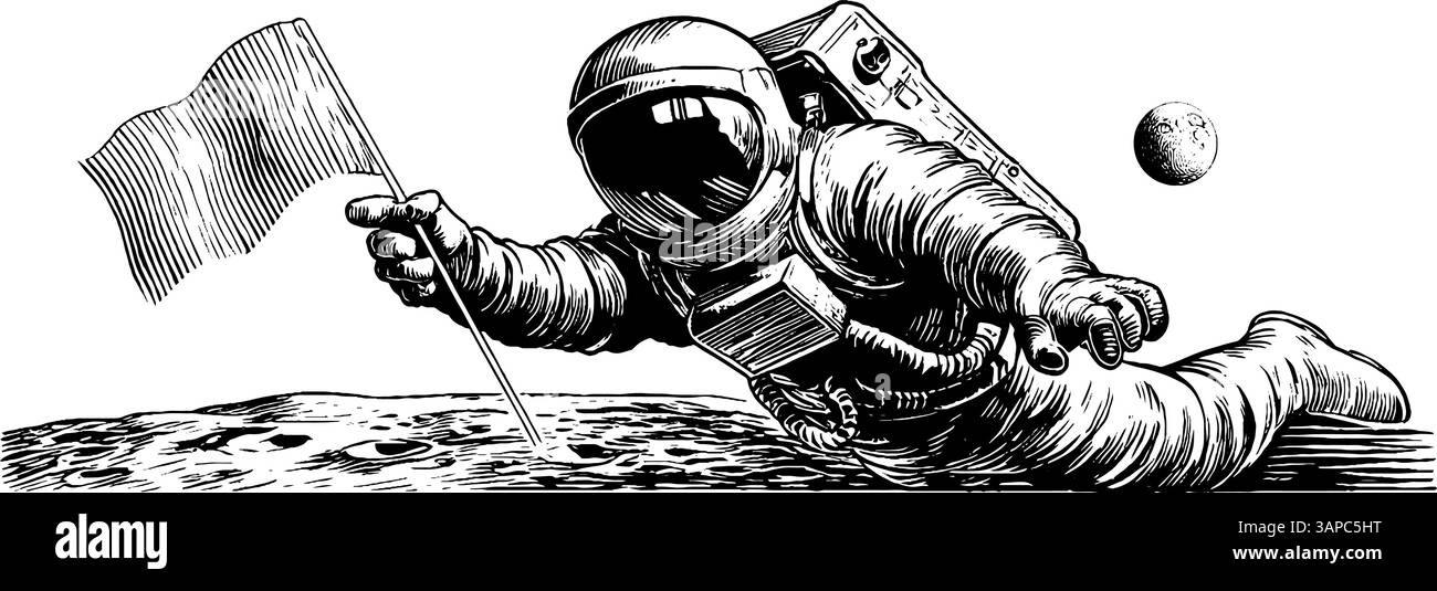 Illustration gravée vintage de l'astronaute sur la surface de la lune avec drapeau. Illustration de Vecteur