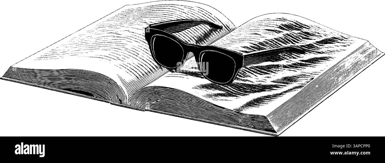 Illustration gravée de livre ouvert et de lunettes de soleil avec fond de vague océanique pour des concepts littéraires. Illustration de Vecteur