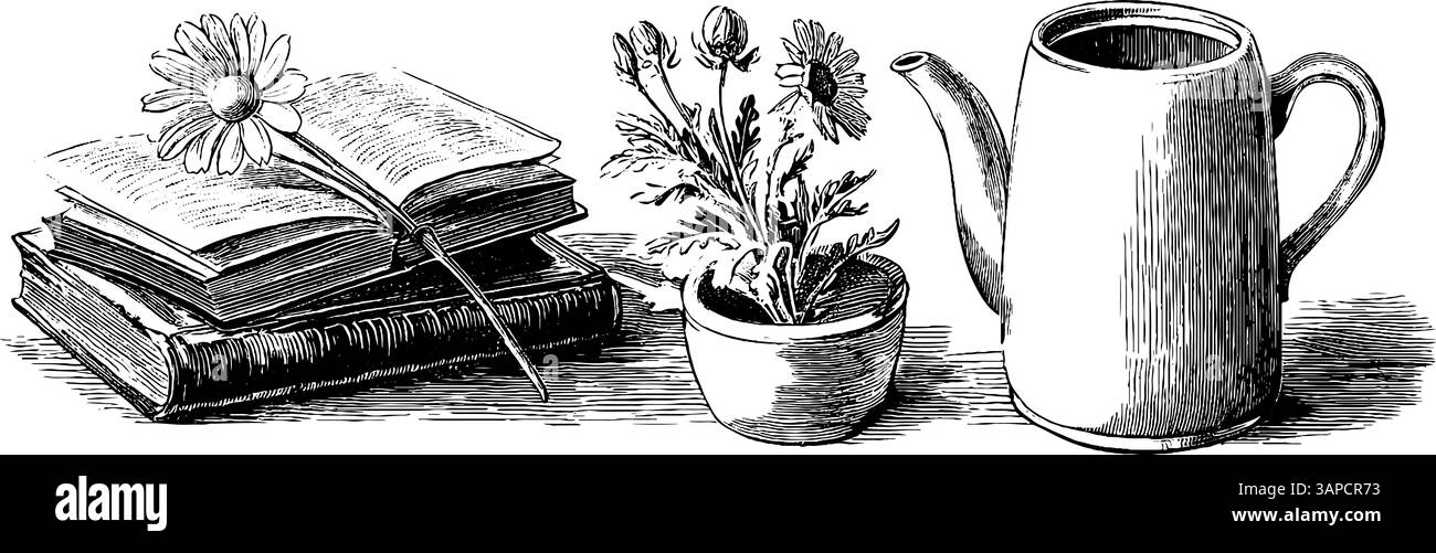 Composition vintage Tea Time avec théière, tasse, livre et fleurs. Illustration de Vecteur