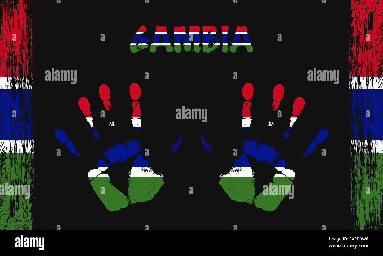 Drapeau vecteur de Gambie sous la forme de palmiers pacifiques avec du texte et des coups de pinceau sur un fond noir Illustration de Vecteur