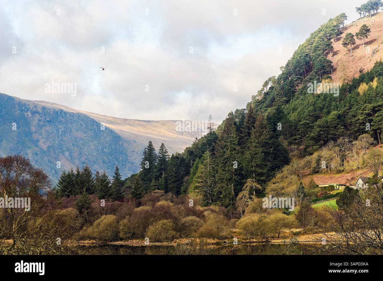 Lac reflétant les pentes de montagne à Glendalough, la beauté tranquille d'une célèbre vallée irlandaise historique. Banque D'Images
