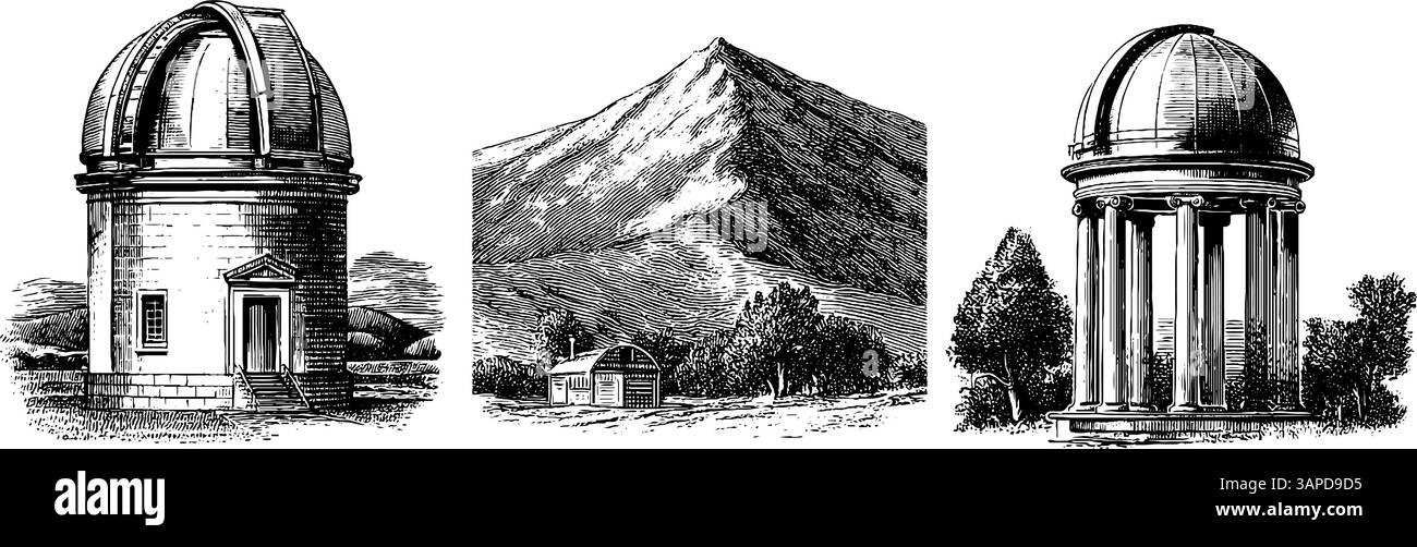 Observatoire gravé et scène de montagne pour des projets de conception historique. Illustration de Vecteur