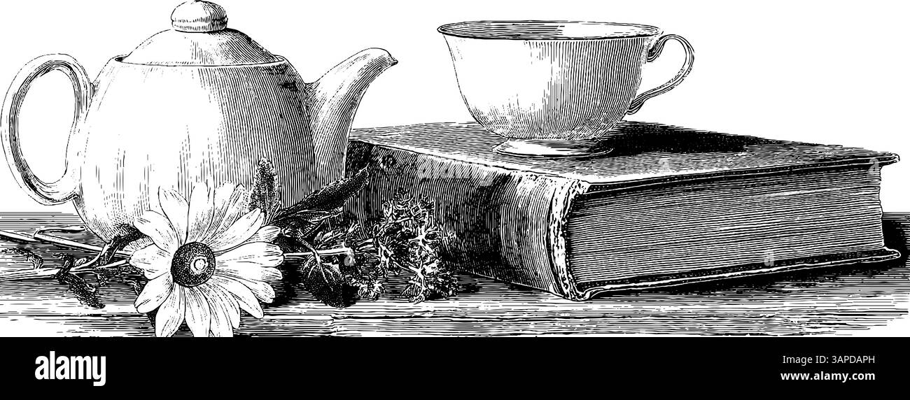 Illustration gravée vintage de vieux livres, théière et plante en pot pour une inspiration de design classique. Illustration de Vecteur