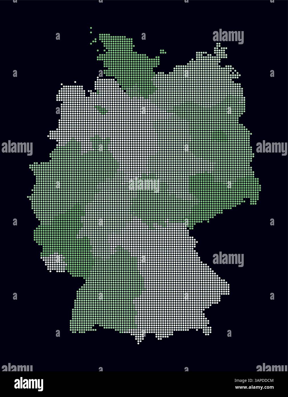 Carte en pointillés de l'Allemagne. Carte de style numérique du pays sur fond sombre. Forme Allemagne avec des points circulaires. Style de points colorés. Cercles de petite taille. Illustration de Vecteur