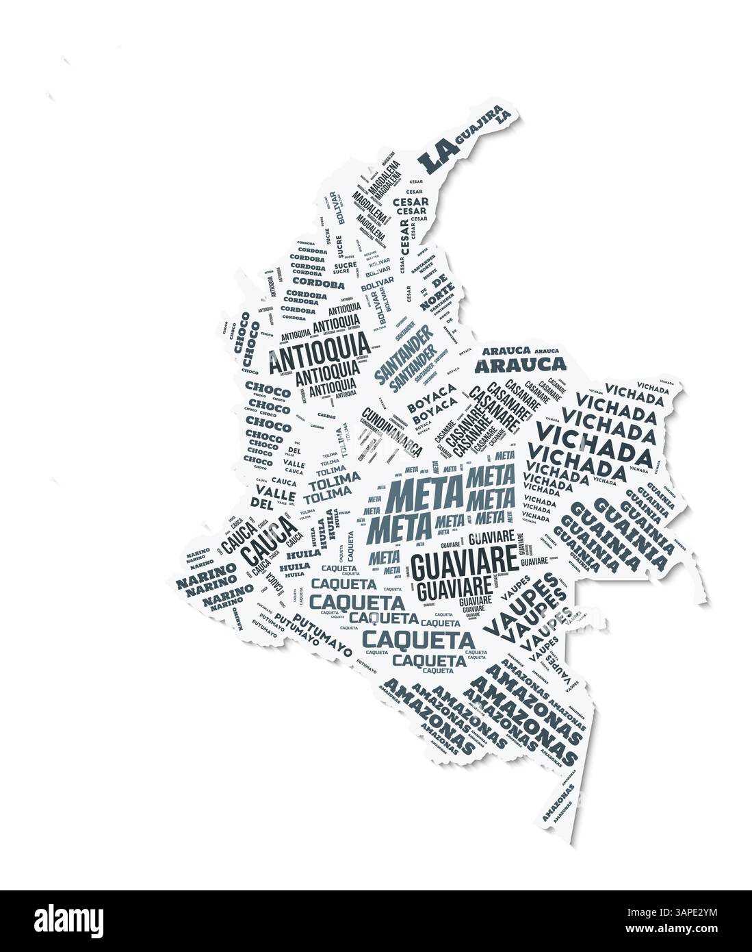 Nuage de texte de forme Colombie. Frontière de pays avec ombre sur fond blanc. Colombie avec division des régions dans le style vintage gazette. Illustration de Vecteur