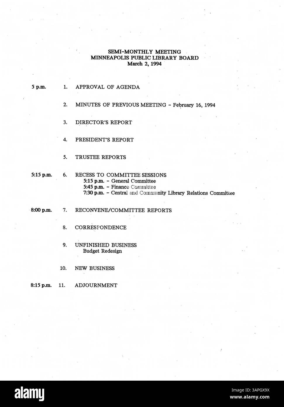Les procès-verbaux des réunions de 1994 du conseil d'administration de la Bibliothèque publique de Minneapolis reflètent les décisions clés prises par le conseil concernant la gouvernance et les opérations de la bibliothèque pour l'année. Banque D'Images