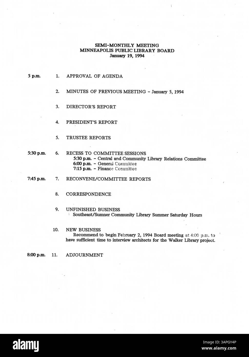 Ce document comprend les procès-verbaux des réunions du conseil d'administration de la Bibliothèque publique de Minneapolis de 1994, décrivant les décisions, les mesures de gouvernance et les discussions du conseil pour l'année. Banque D'Images