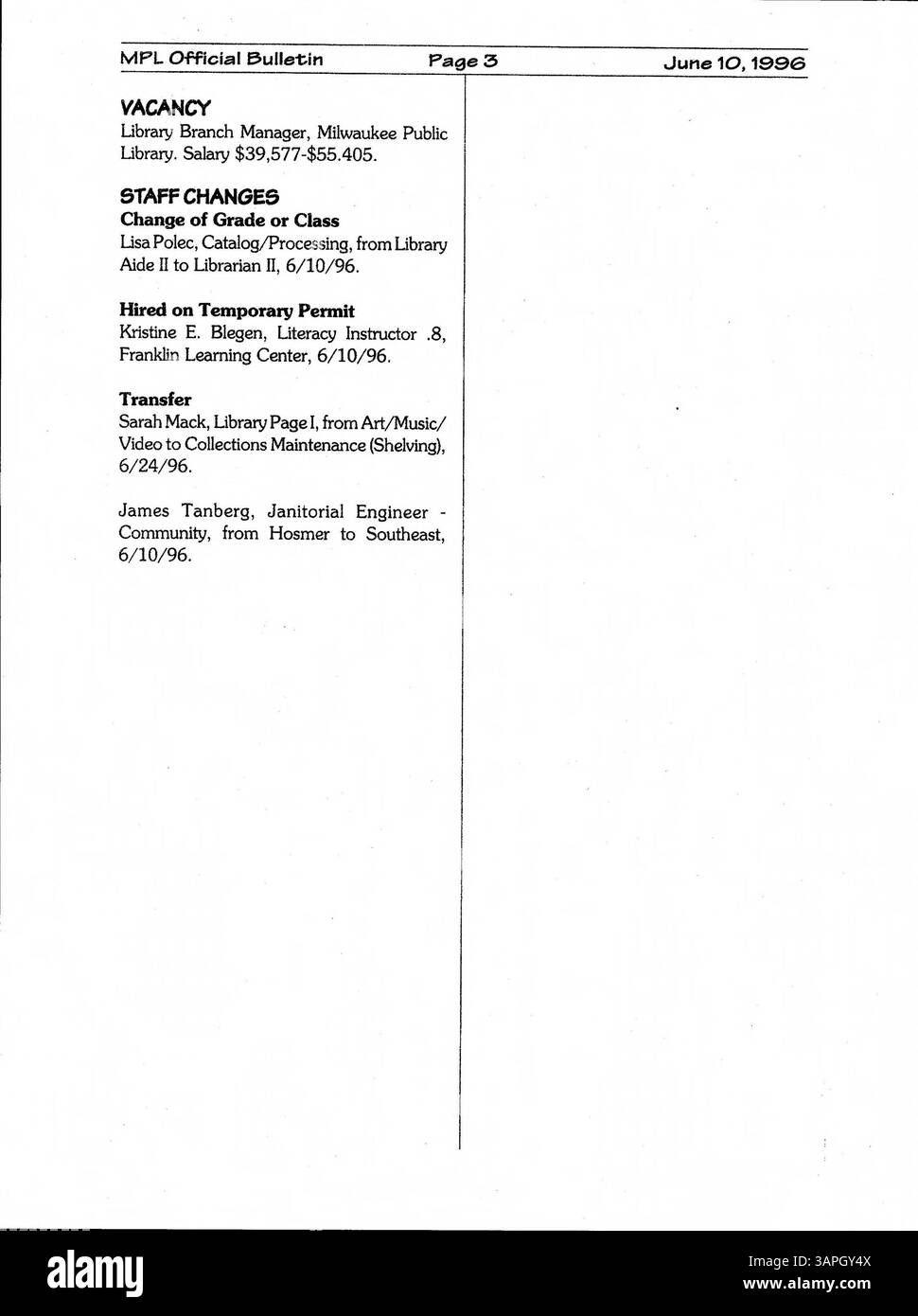 Le bulletin officiel de la bibliothèque publique de Minneapolis de 1996 est une publication interne clé qui informe les employés de la bibliothèque des changements hebdomadaires, des programmes de bibliothèque à venir, et des annonces critiques liées au personnel. Banque D'Images