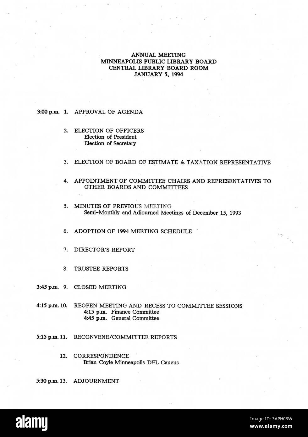 Les procès-verbaux de réunion du conseil d'administration de la Bibliothèque publique de Minneapolis de 1994 documentent les activités, les discussions et les décisions du conseil pour cette année-là. Banque D'Images