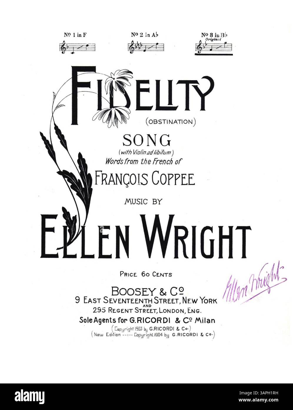 Partition intitulée 'Fidelity (Obstination)', version no. 3 en B-bémol (original), mettant en valeur la composition de musique classique américaine ancienne. Banque D'Images