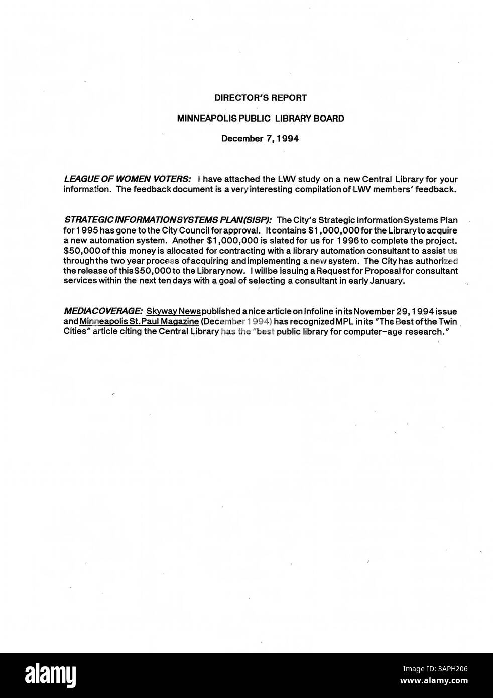 Les procès-verbaux des réunions du conseil d'administration de la bibliothèque publique de Minneapolis de 1994 documentent les décisions relatives à la gestion financière, à l'expansion des services et aux révisions de la politique de la bibliothèque dans le comté de Hennepin. Banque D'Images