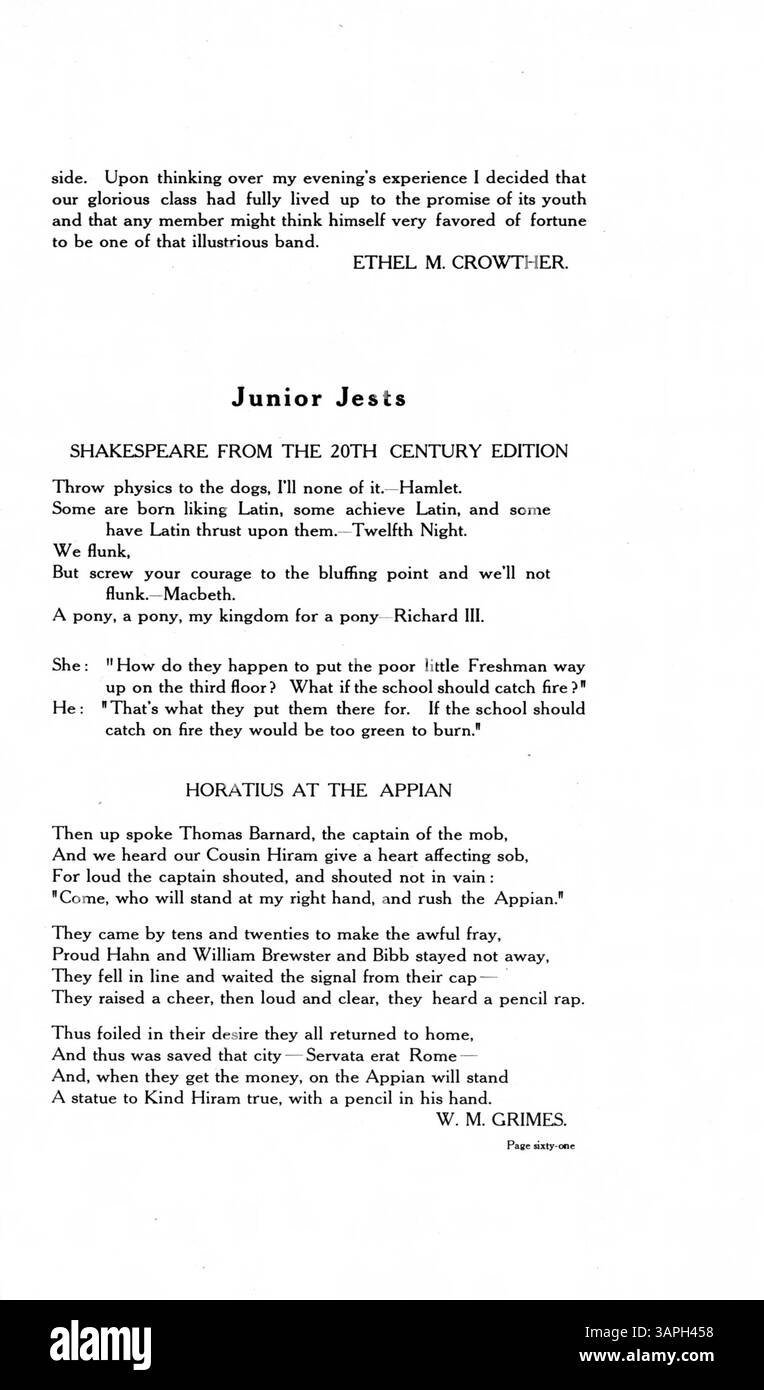 Le Central High Yearbook de 1907 recense les activités et les réalisations des étudiants, des professeurs, de l'athlétisme et des événements culturels au cours de l'année scolaire 1906-1907 avec des contributions notables des étudiants afro-américains. Banque D'Images
