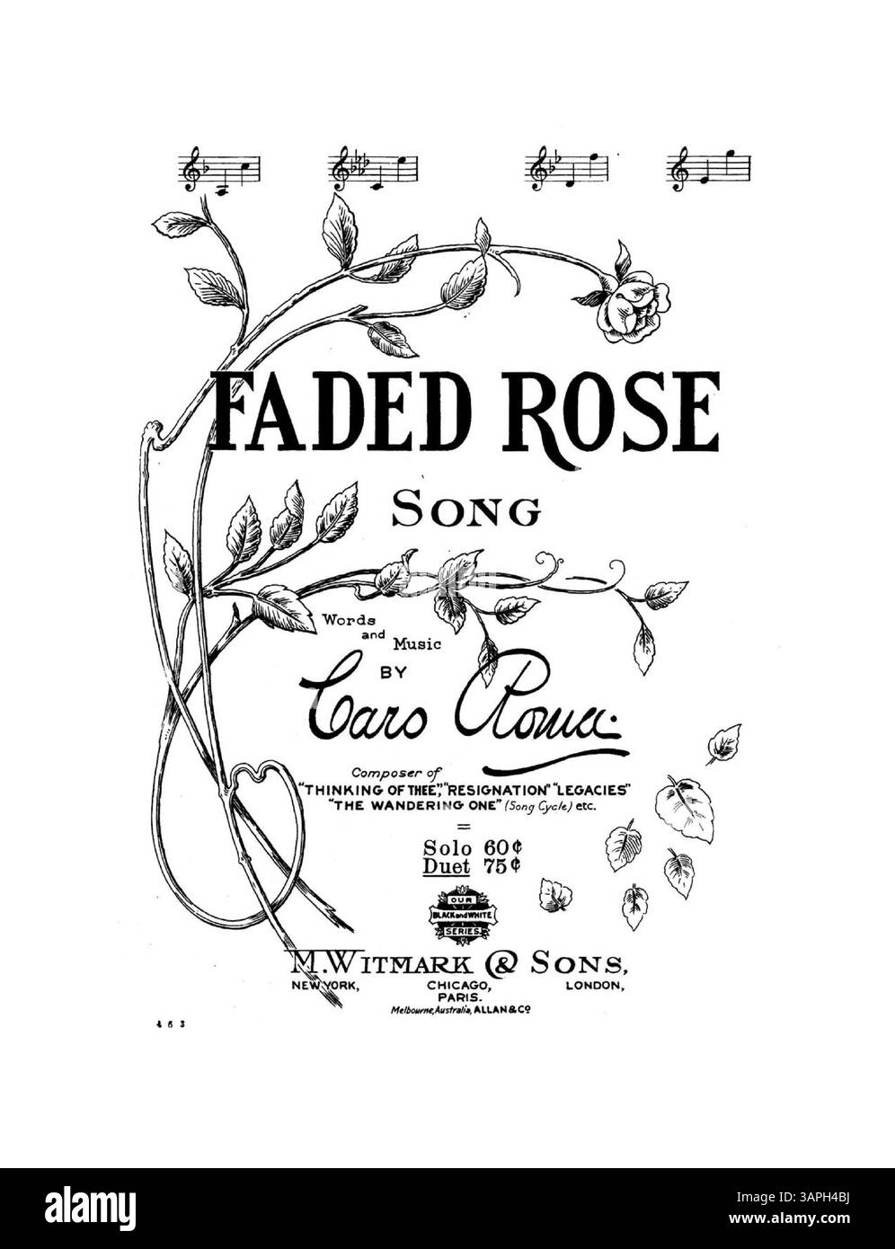 La reprise de Faded Rose comprend la chanson, les mots et la musique de Caro Roma, connue pour des œuvres telles que Thinking of Thee. À l'intérieur, des pages de la chanson 'Teach me to Pray' et 'My Dear' sont présentées. Publié par M.W. & sons en 1910. Banque D'Images