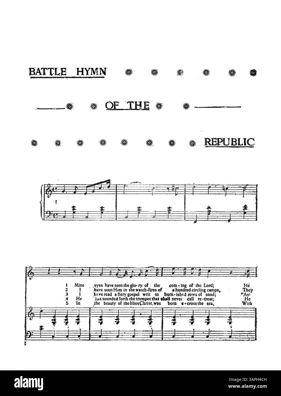 Le 'hymne de bataille de la République' est répertorié comme supplément au Sunday examiner, daté du 1er mai 1898. La première page présente le titre de la chanson entouré de petits dessins d'étoiles, tandis que la deuxième page comprend un croquis d'une épée et du soleil. Cette pièce historique reflète des thèmes patriotiques de la fin du XIXe siècle. Banque D'Images