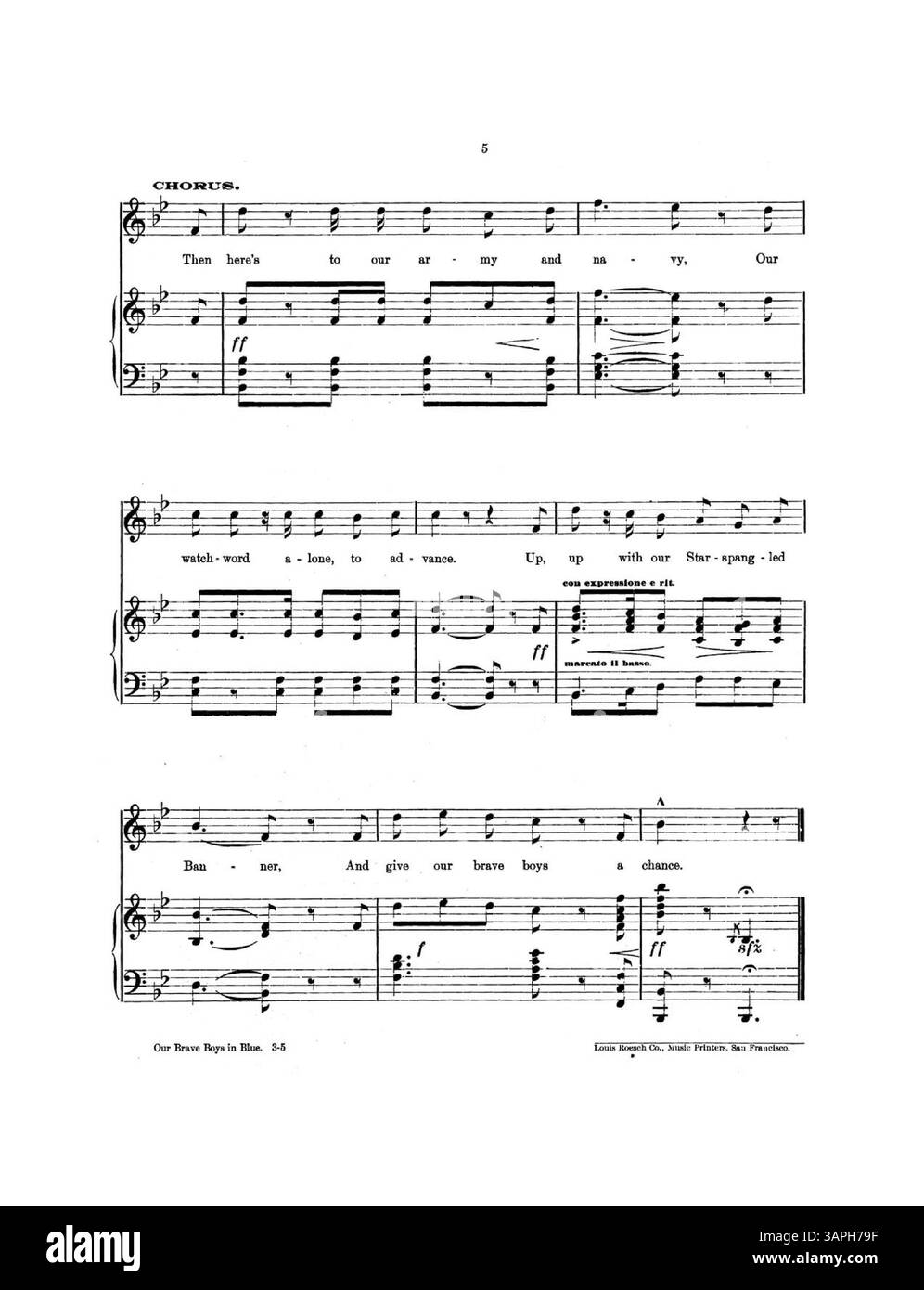 Our Brave boys in Blue est une chanson patriotique avec des paroles et de la musique de MRS P. A. Williams et arrangée par C. H. Randall. Il était dédié à l'armée et à la marine, honorant le service militaire. La pochette présente la dédicace de la chanson, avec la pochette intérieure laissée vierge. La représentation numérique peut ne pas correspondre entièrement aux couleurs et annotations d'origine. Banque D'Images
