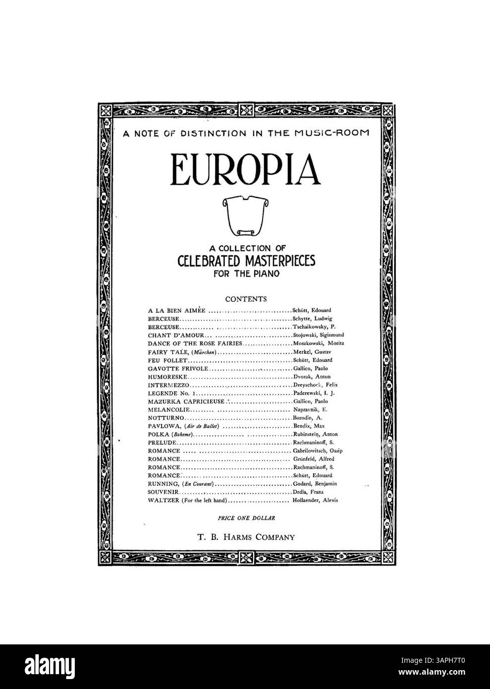 Une partition pour piano intitulée 'for the Lord's Sake play a Waltz' comprend une publicité de couverture arrière pour 'EUROPIA : une collection de chefs-d'œuvre célèbres pour le piano'. La pièce a été introduite par Elsie Janis et faisait partie de la production de Charles B. Dillingham, The Slim Princess. Banque D'Images