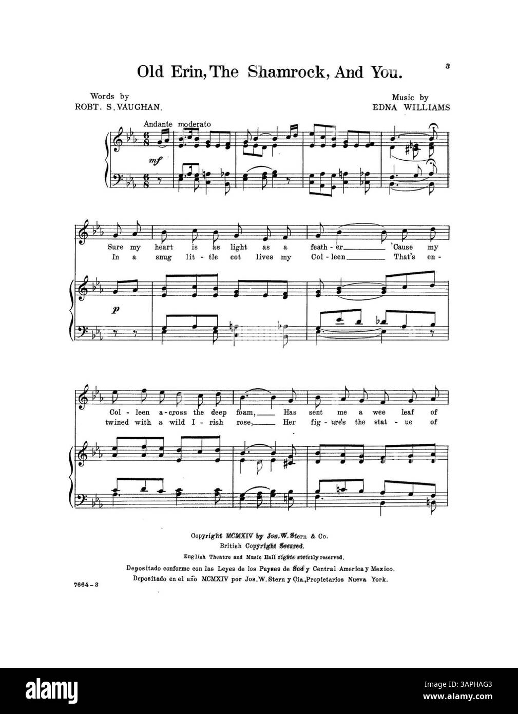 Cet article est une publication intitulée 'Old Erin, The Shamrock and You' présentant des publicités pour le 'Music Lovers' Directory' et 'Hits Used by America's Greatest Dancers'. Il comprend des extraits musicaux de douze chansons et est imprimé à l'encre verte et à l'encre de base. La publication a été produite par Jos. W. Stern & Co., avec numéro de plaque 7664. Banque D'Images