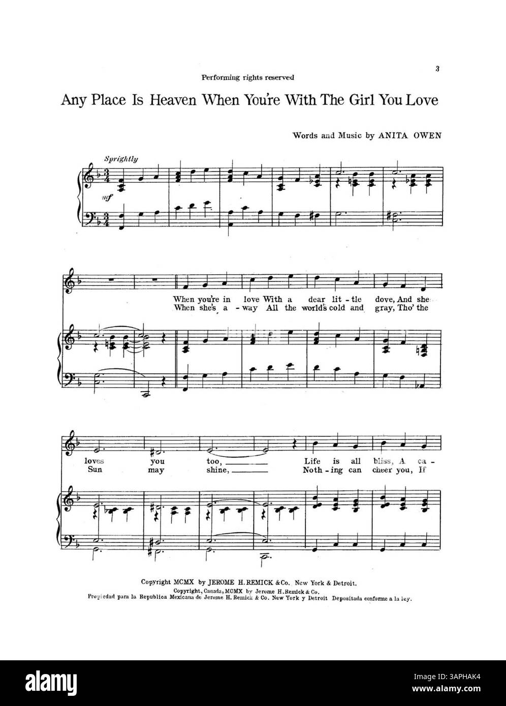 Cette partition populaire en édition comprend la chanson Any place is Heaven When You're with the Girl You Love, écrite par Anita Owen. La couverture arrière énumère les publications de Jerome H. Remick & Co, y compris des reproductions de la couverture et de la page 1 de 'The Moonlight, The Rose, and You'. La couleur de l'image numérique peut différer de l'original. Banque D'Images