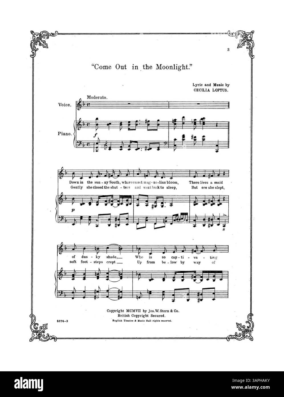 La pochette de la partition comprend Come Out in the Moonlight, avec des paroles et de la musique de Cecilia Loftus. La couverture crédite les Lancers sous la direction de Henry Miller et énumère Albert Jeannotte. La couverture arrière comprend des publicités pour des chansons de Noah's Ark de Clare Kummer et deux ballades de Reginald de Koven. Banque D'Images
