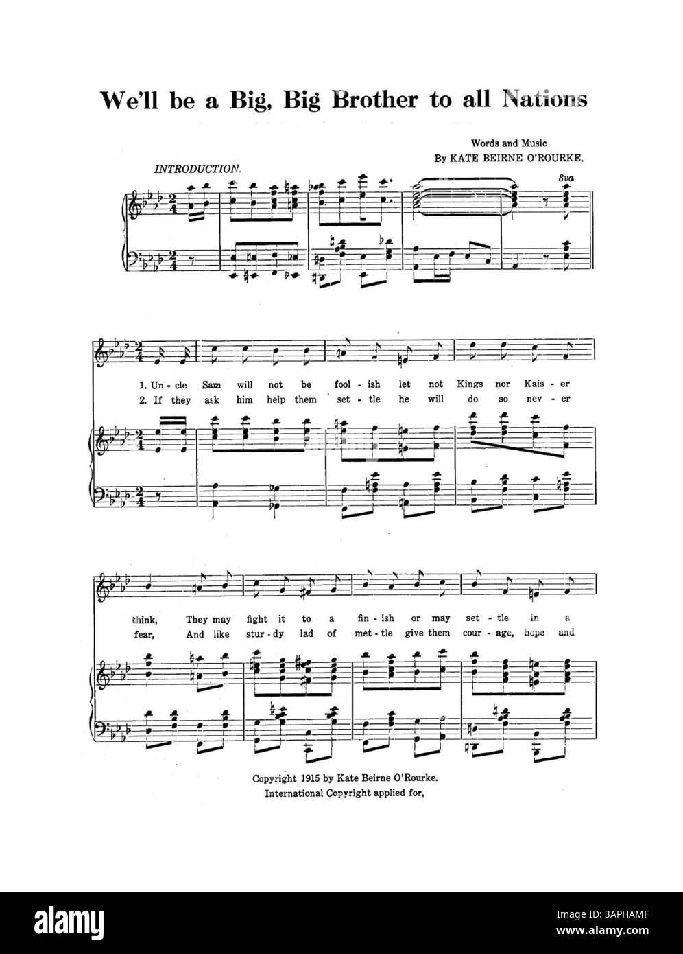 La chanson "We'll be a Big, Big Brother to All Nations" est dédiée au Dieu de la paix éternelle, mettant l'accent sur un message d'unité et de coopération internationale. Banque D'Images
