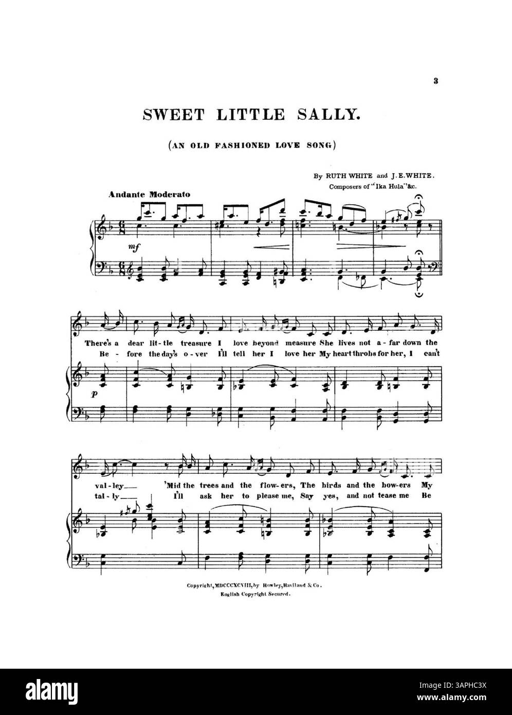Sweet Little Sally est une œuvre musicale composée par Ruth White et J.E. White, connue pour leur composition IKA Hula. La couverture présente des publicités pour la salle de bal populaire et le salon à deux pas, avec des extraits de diverses compositions. La couverture arrière présente 11 extraits de Theo. F. les œuvres de Morse. La couleur de l'image numérique peut différer de celle de l'original. Pour obtenir des informations plus détaillées sur les annotations, il est conseillé aux utilisateurs de contacter Music services. Banque D'Images