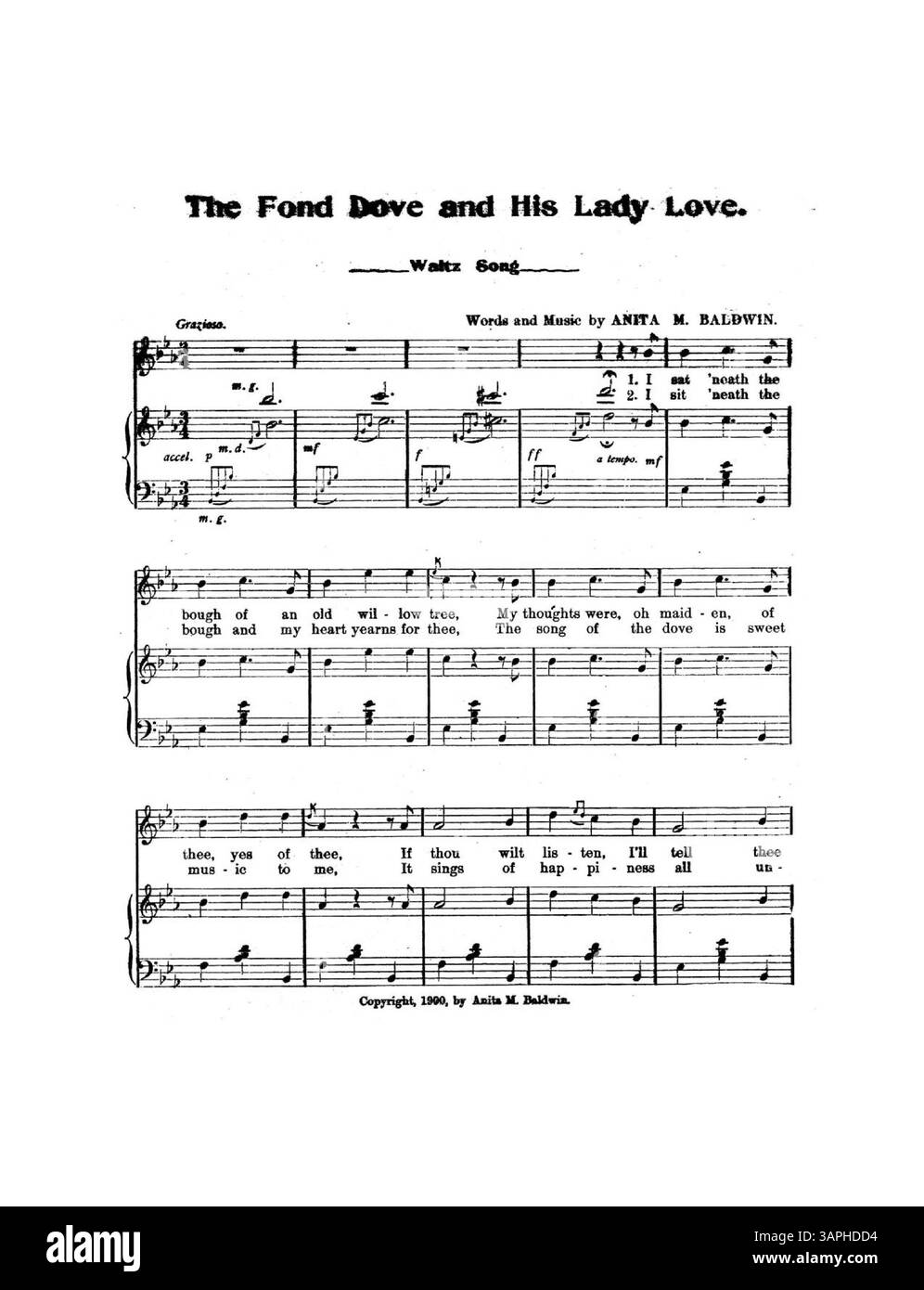 Partition pour The fond Dove and His Lady Love, chantée par Helen Merrell au Tivoli, avec musique et paroles d'Anita Baldwin. La chanson de valse a été présentée comme supplément musical dans The Sunday examiner. La partition comprend une publicité d'un éditeur pour les autres œuvres de Baldwin. Banque D'Images