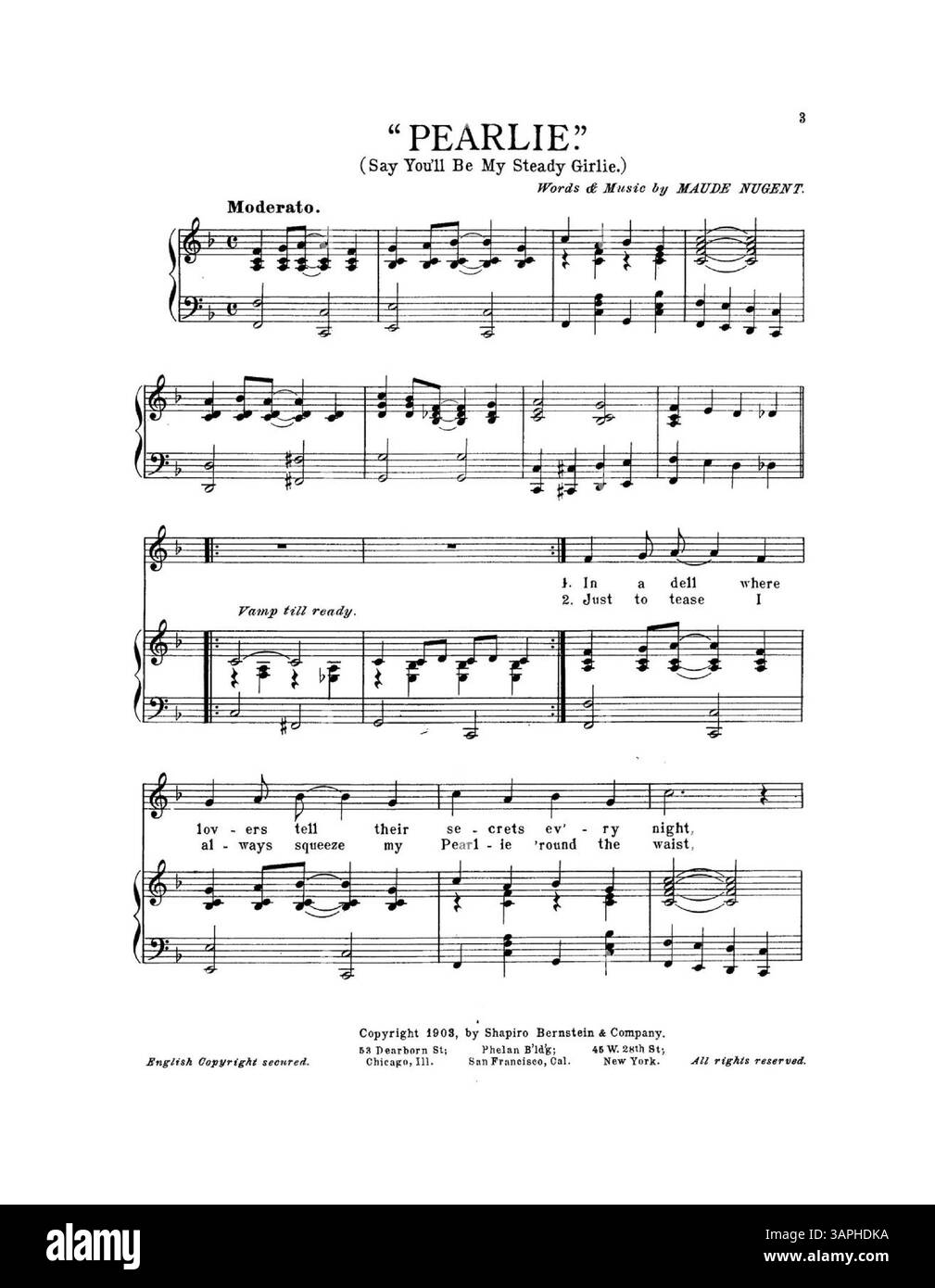 La publication « Pearlie Pearlie » présente une publicité pour le « Number 2 Star Dance Folio » sur la deuxième page, tandis que la couverture arrière fait la promotion de « Popular folios ». Cette œuvre fait partie de la collection de musique historique des bibliothèques de l'Université de l'Oregon. Banque D'Images