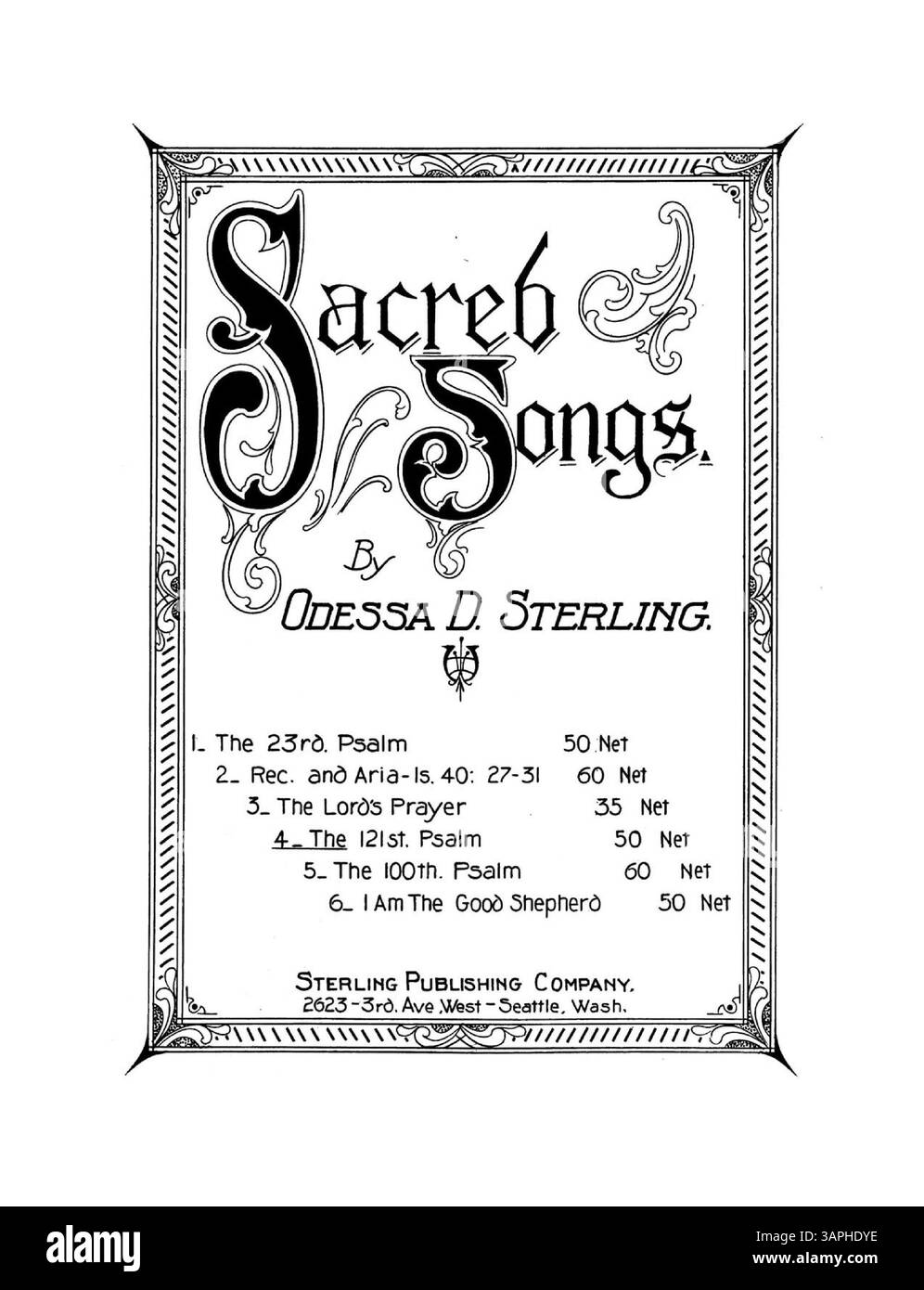 The 121st Psaum comprend de la musique sacrée avec la couverture arrière avec des reproductions d'autres chansons sacrées de Sterling telles que The 23rd Psaum et I Am the Good Shepherd. Banque D'Images