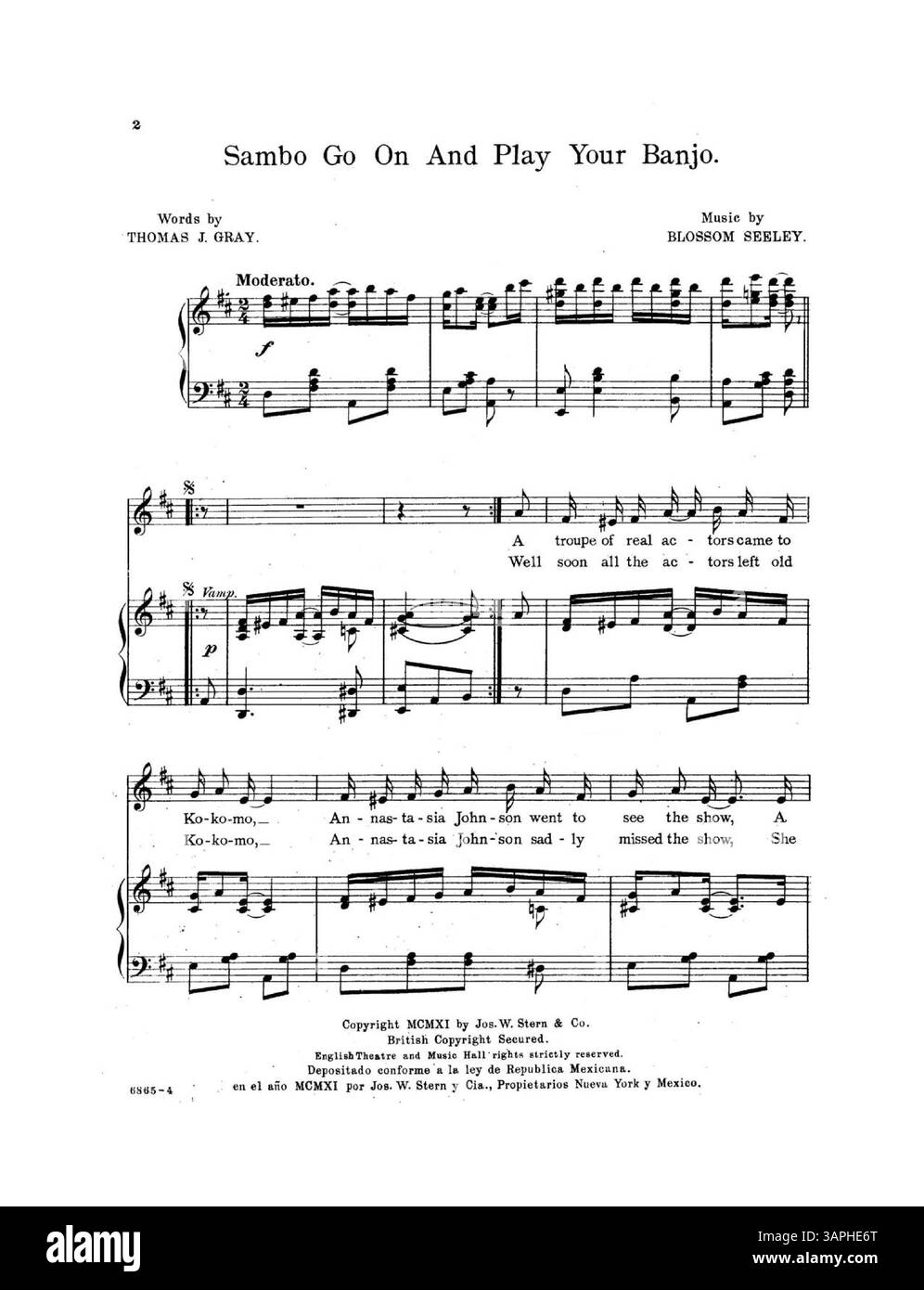 Cette image représente la couverture de la partition de 'Sambo Go on and Play Your Banjo', avec des paroles de Thomas J. Gray et de la musique de Blossom Seeley. Il comprend la publicité de l'éditeur pour 'Valse septembre', une pièce populaire internationalement. La représentation numérique peut ne pas refléter entièrement la couleur ou les annotations d'origine. Banque D'Images