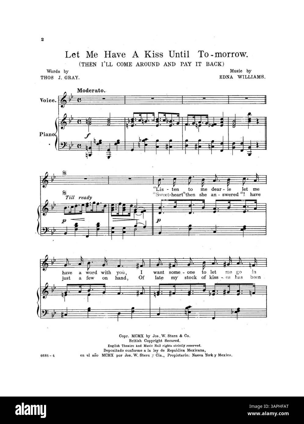 Cette partition, Let me Have a Kiss Until Tomorrow, comprend des paroles de Thomas J. Gray et de la musique d'Edna Williams. La quatrième de couverture contient un extrait de Soul of My Soul, Heart of My Heart, une ballade bien connue. Banque D'Images
