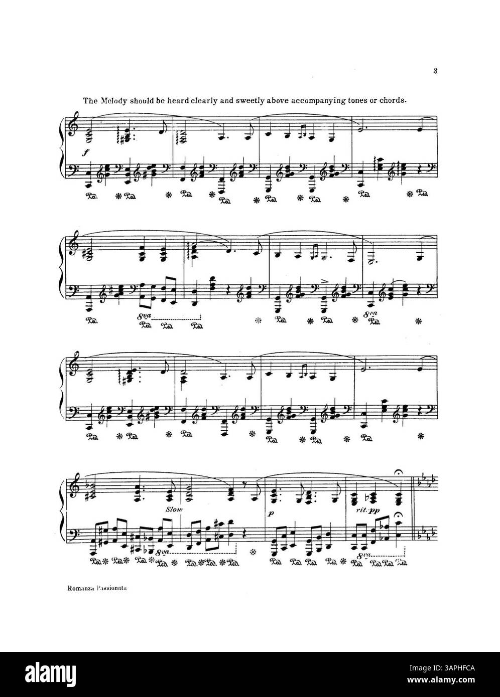 Romanza Passionato, op. 49', composé par A. M. Virgil, comprend des notes de performance et une publicité au dos pour d'autres œuvres de Virgil. La partition est conçue pour piano, soulignant la contribution du compositeur à la musique classique américaine. Banque D'Images