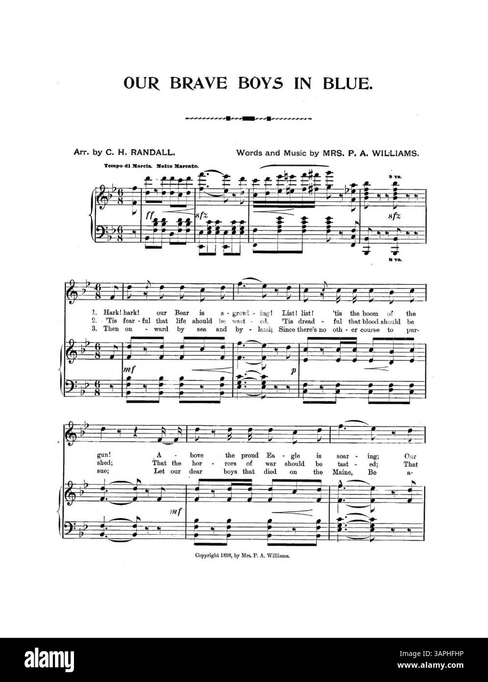 Our Brave boys in Blue est une chanson patriotique avec des paroles et de la musique de MRS P. A. Williams et arrangée par C. H. Randall. Il était dédié à l'armée et à la marine, honorant le service militaire. La pochette présente la dédicace de la chanson, avec la pochette intérieure laissée vierge. La représentation numérique peut ne pas correspondre entièrement aux couleurs et annotations d'origine. Banque D'Images