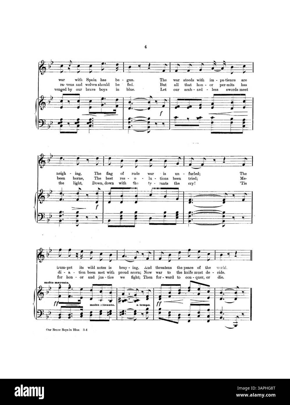 Our Brave boys in Blue est une chanson patriotique avec des paroles et de la musique de MRS P. A. Williams et arrangée par C. H. Randall. Il était dédié à l'armée et à la marine, honorant le service militaire. La pochette présente la dédicace de la chanson, avec la pochette intérieure laissée vierge. La représentation numérique peut ne pas correspondre entièrement aux couleurs et annotations d'origine. Banque D'Images