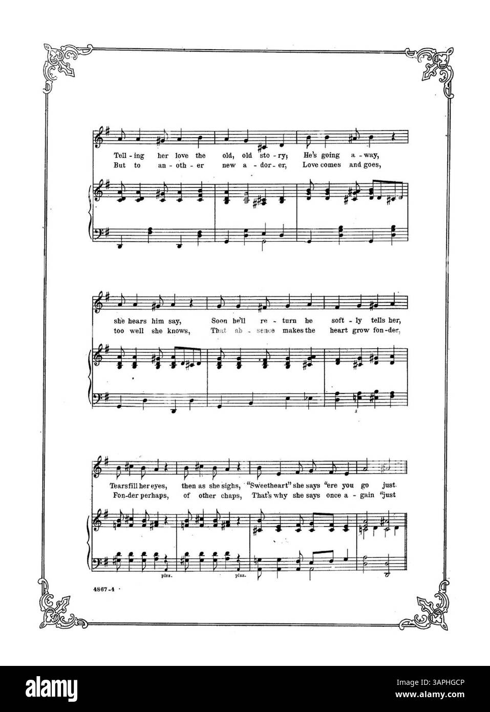 La couverture de la chanson 'By the light of the Honeymoon' comporte une bordure aux coins ornés. La chanson est décrite comme 'The Latest Broadway Craze' et a été chantée par Maud Lambert dans 'The Babes and the Baron', réalisé par John C. Fisher. La couverture arrière comprend un extrait de After They Gathering the Hay de S.R. Henry et J.J. Walker. Numéro de plaque : 4867. Banque D'Images