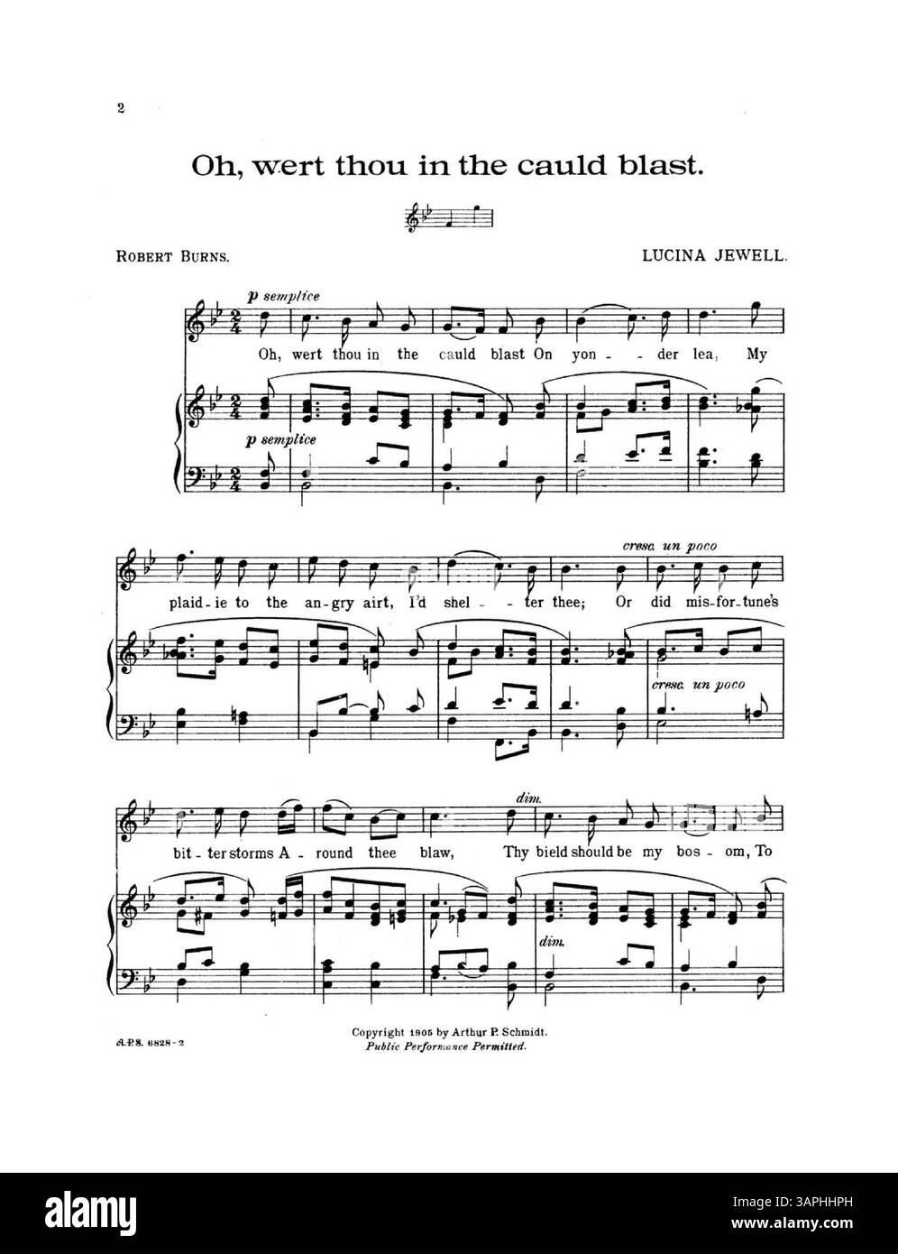 Cette partition musicale intitulée 'Oh ! Wert thou in the Cauld Blast est catalogué sous Songs by Lucina Jewell et comprend une reprise faisant référence à Robert Burns. La pièce présente des extraits musicaux et des publicités, révélant son contexte musical historique. Banque D'Images