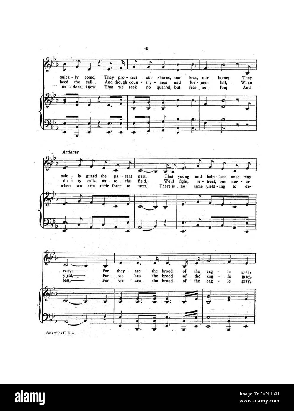 Cette partition musicale pour 'sons of the U.S.A.' d'Ella Van Fossen comprend une lettre du contre-amiral Charles M. Thomas, U.S. N., datée du 3 mai 1908, approuvant l'esprit patriotique de la chanson. L'image numérique peut ne pas refléter fidèlement la couleur de l'original, et les annotations sont disponibles auprès des services musicaux. Banque D'Images