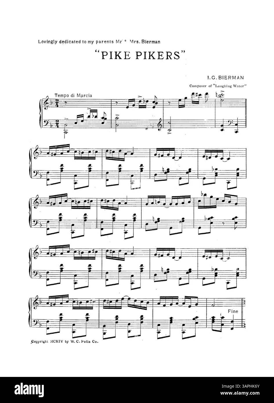 Ceci est une copie du chiffon 'Pike Pikers', composé par la même personne derrière 'Laughing Water'. La couverture comprend une dédicace aux parents du compositeur, Mr. et Mrs. Bierman. La couverture arrière présente une publicité pleine page avec des extraits musicaux de diverses chansons de W.C. Polla Co. Banque D'Images