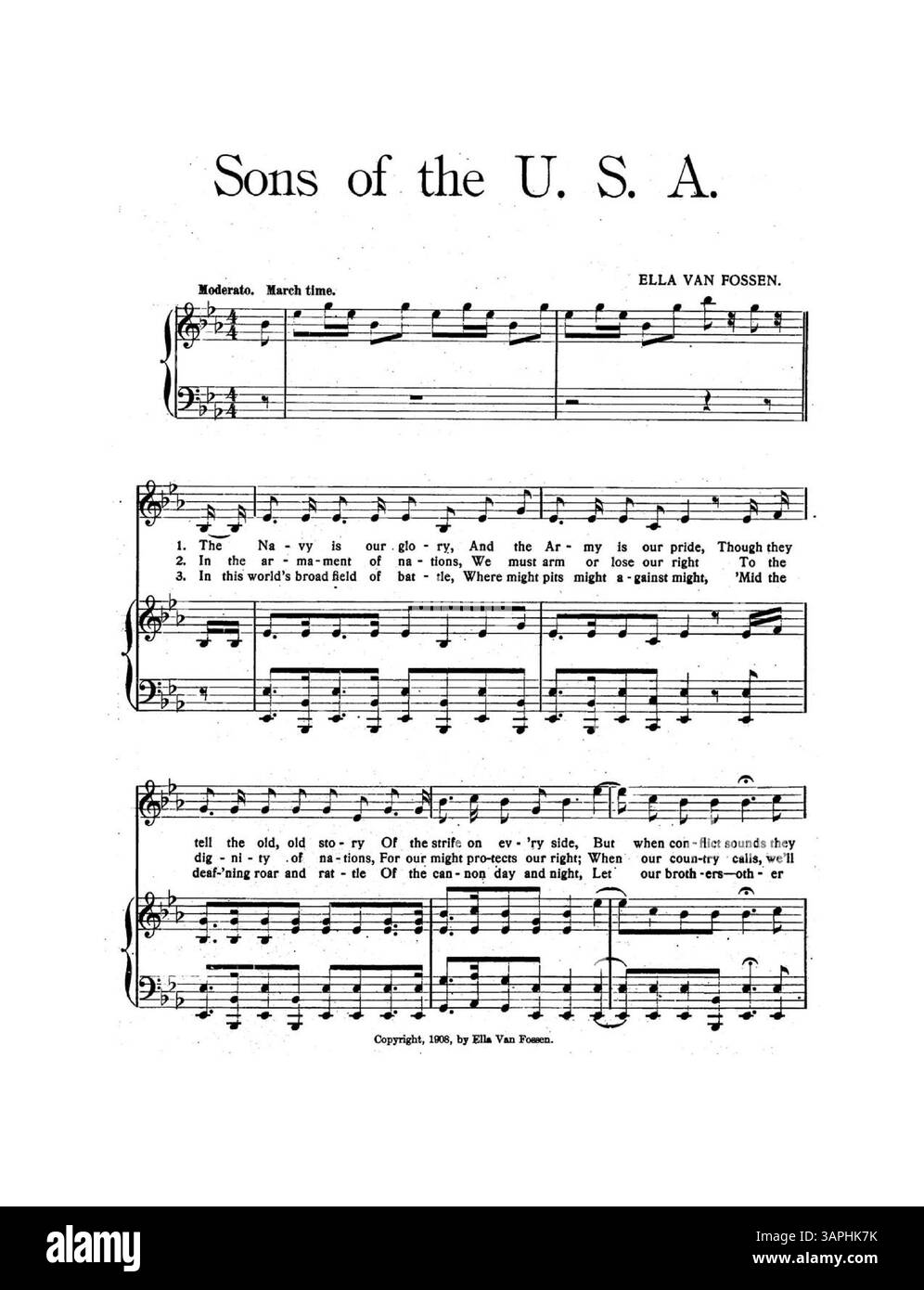 Cette partition musicale pour "sons of the U.S.A." a été écrite par Ella Van Fossen, avec le soutien du contre-amiral Charles M. Thomas, U.S.N. la couverture comprend une lettre datée du 3 mai 1908, du contre-amiral Thomas louant la chanson pour son esprit patriotique. La couleur de l'image numérique peut différer de celle de l'original, et les annotations sont disponibles via Music services. Banque D'Images