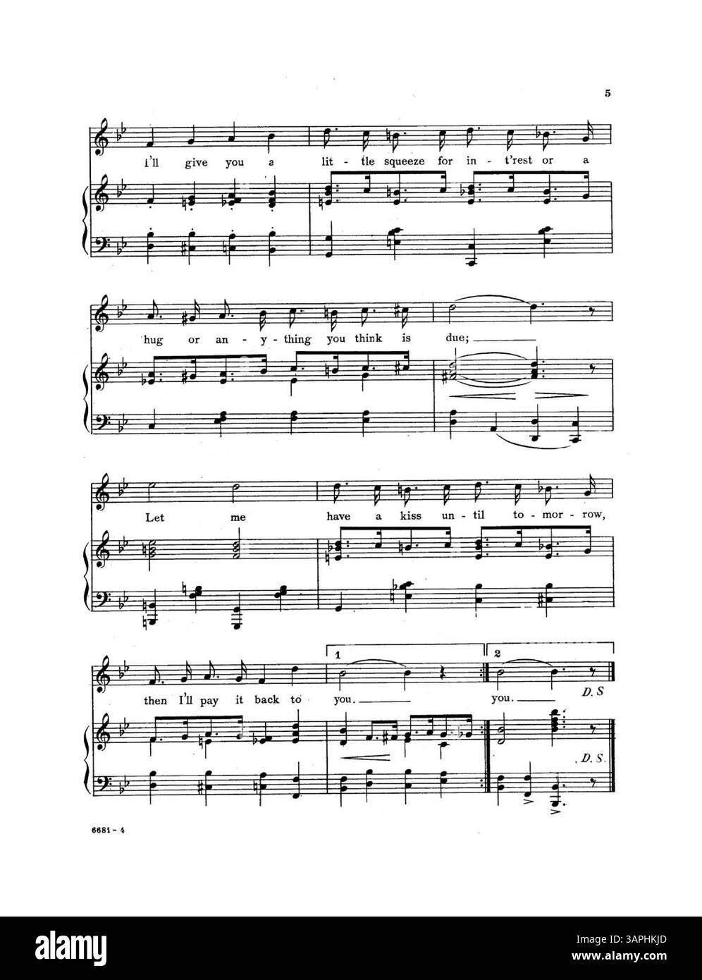 Cette partition comprend des paroles de Thomas J. Gray et de la musique d'Edna Williams. Il comprend la chanson Let me have a kiss untill to-Morrow, avec le numéro de plaque 6681. La couverture arrière annonce une autre ballade, « Soul of my Soul, Heart of My Heart », connue pour son expression émotionnelle. Banque D'Images