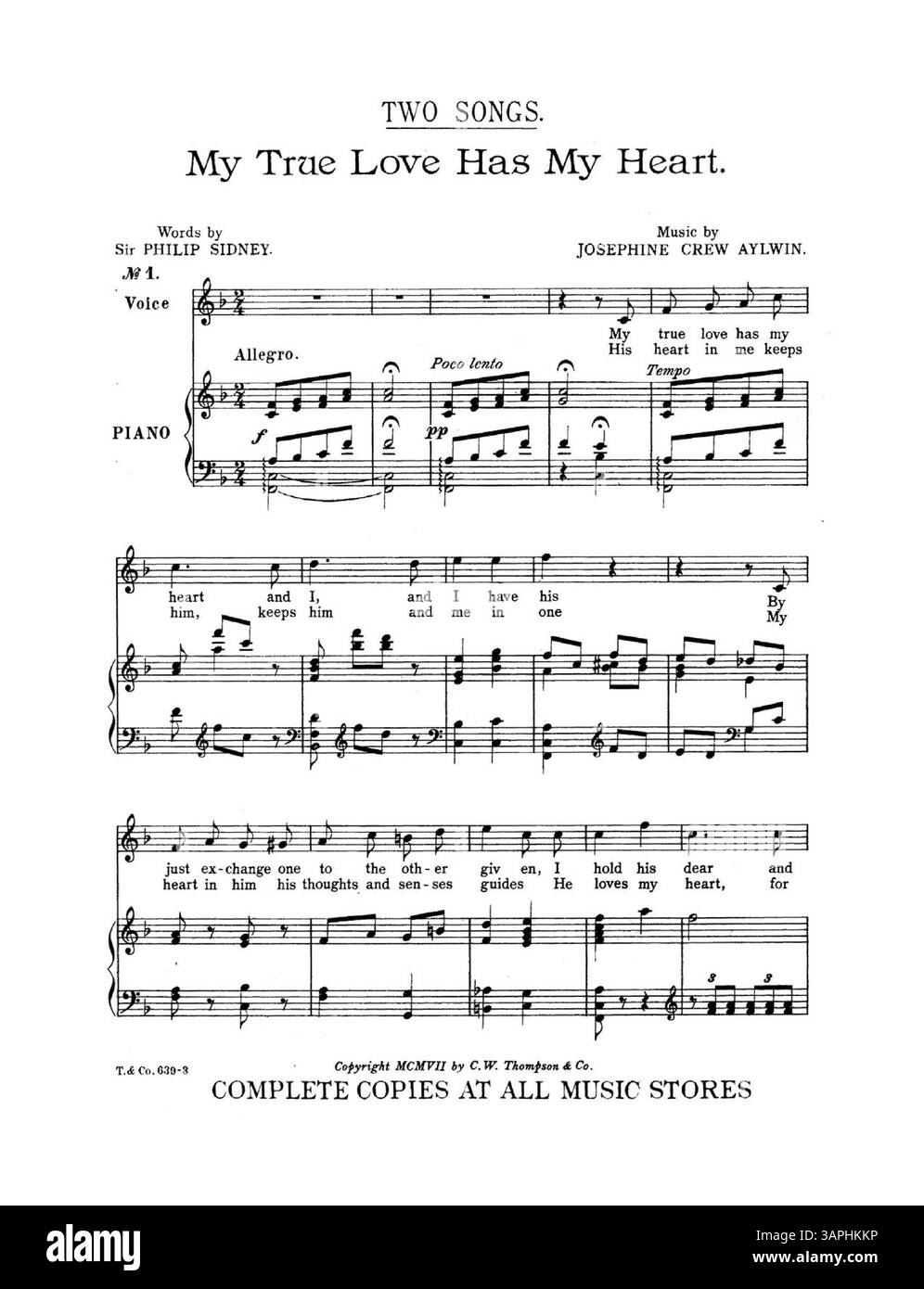 La partition de Break, Break, Break comprend des paroles d'Alfred Tennyson, avec une musique composée par Josephine Crew Aylwin. La chanson fait partie de la collection "Songs with pianoforte accompagnement" et est dédiée à Carolyn Crew Rasor. La couverture arrière contient la publicité d'un éditeur avec la première page de 'My True Love Has My Heart'. Banque D'Images