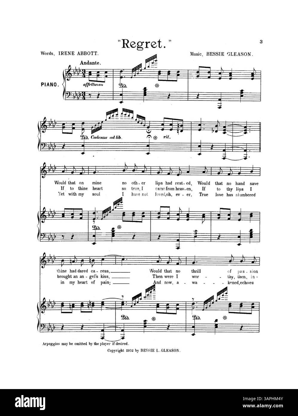 Une chanson de Bessie Gleason avec des paroles d'Irene Abbott, auto-éditée par Gleason. La pièce comprend des annotations originales minimales et était probablement destinée aux marchés de la musique populaire. Banque D'Images